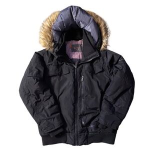 BEN SHERMAN Boys Black Zip Up Jacket with Faux Fur Hoodie Size 14/16